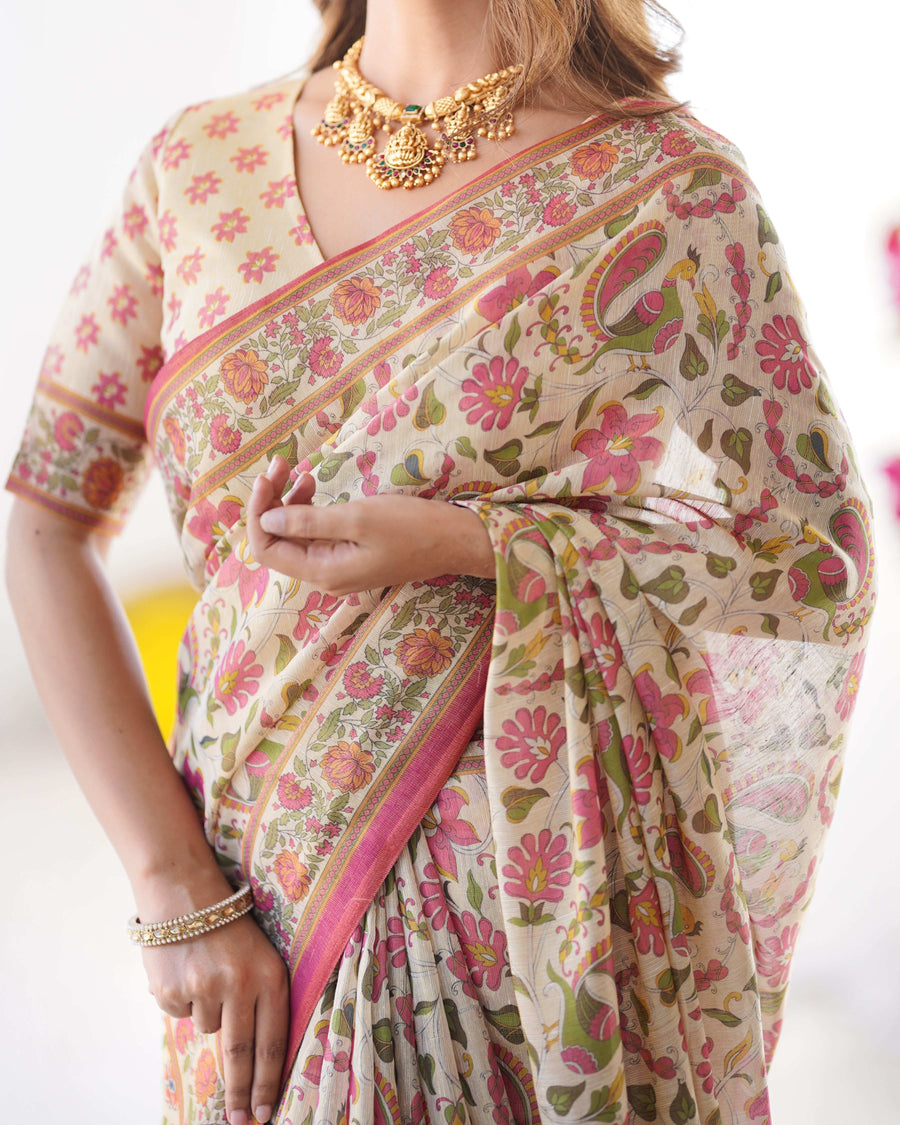 Cream Pink Handloom Linen Cotton Printed Saree with Folk Art Bird Motif Pallu