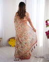 Cream Pink Handloom Linen Cotton Printed Saree with Folk Art Bird Motif Pallu