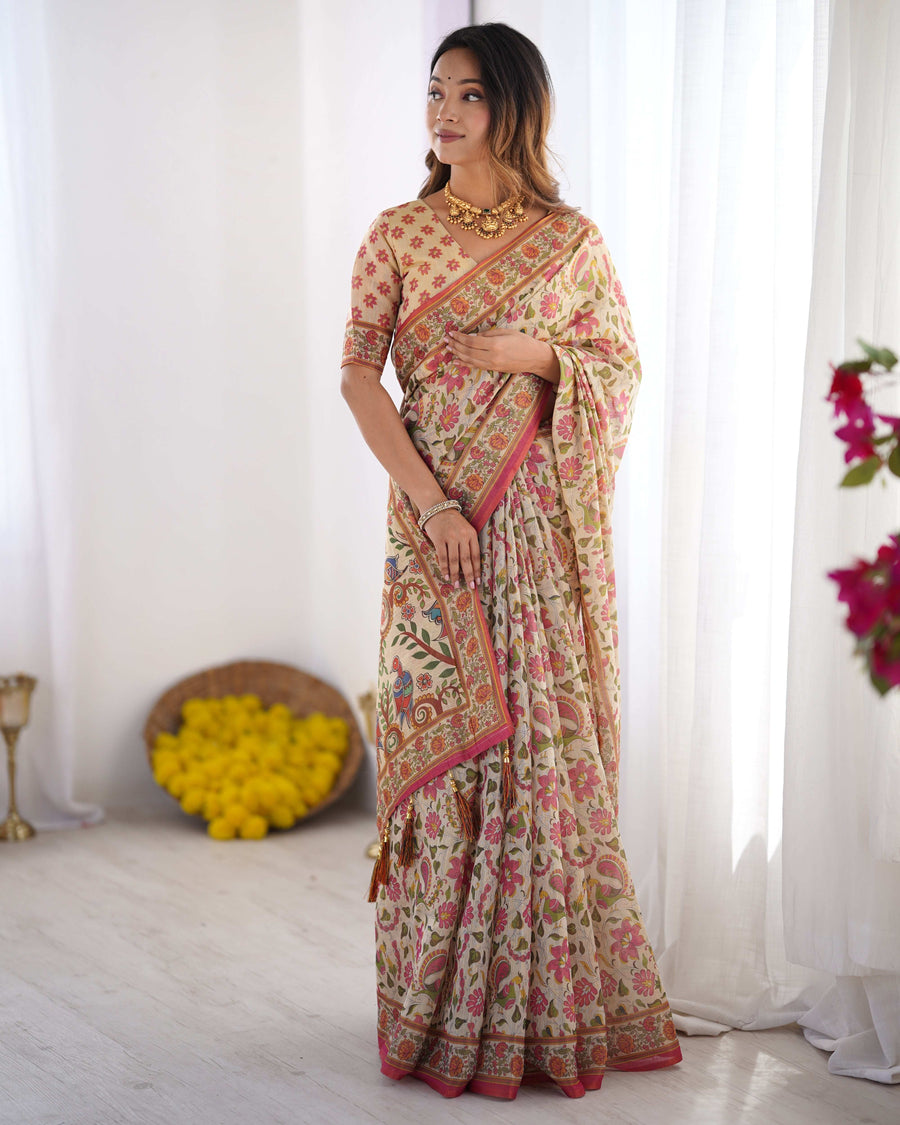 Cream Pink Handloom Linen Cotton Printed Saree with Folk Art Bird Motif Pallu