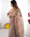Cream Pink Handloom Linen Cotton Printed Saree with Folk Art Bird Motif Pallu