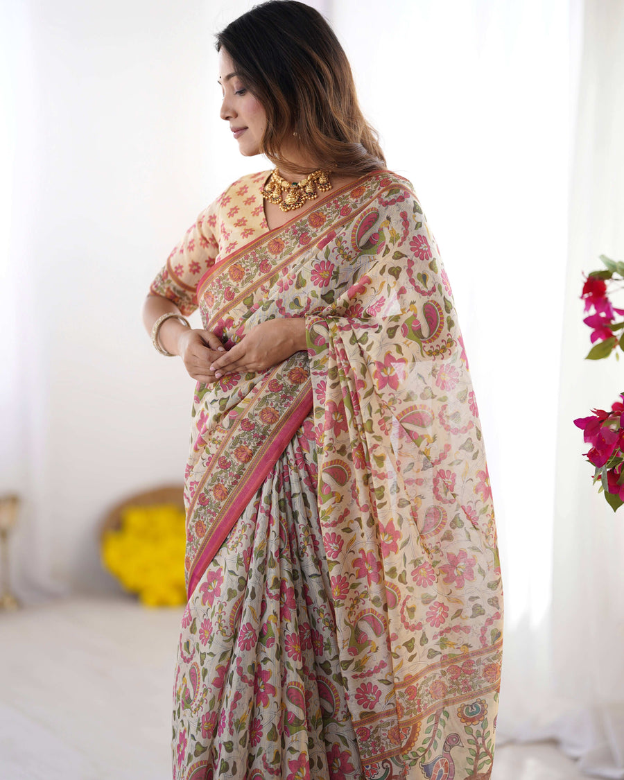 Cream Pink Handloom Linen Cotton Printed Saree with Folk Art Bird Motif Pallu