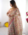 Cream Pink Handloom Linen Cotton Printed Saree with Folk Art Bird Motif Pallu