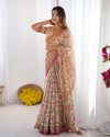 Cream Pink Handloom Linen Cotton Printed Saree with Folk Art Bird Motif Pallu