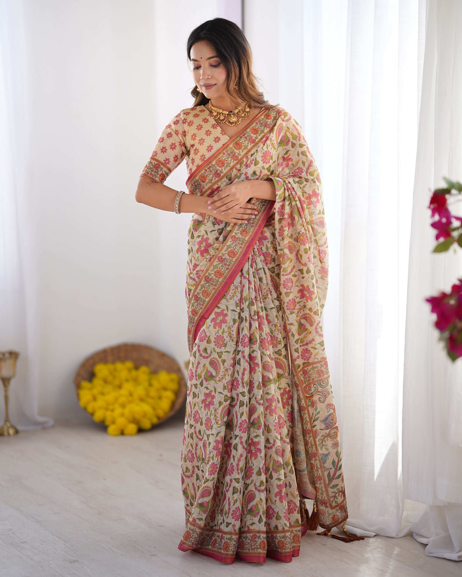 Cream Pink Handloom Linen Cotton Printed Saree with Folk Art Bird Motif Pallu