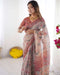 Blush Cream Handloom Linen Cotton Saree with Artistic Bird Motif Pallu