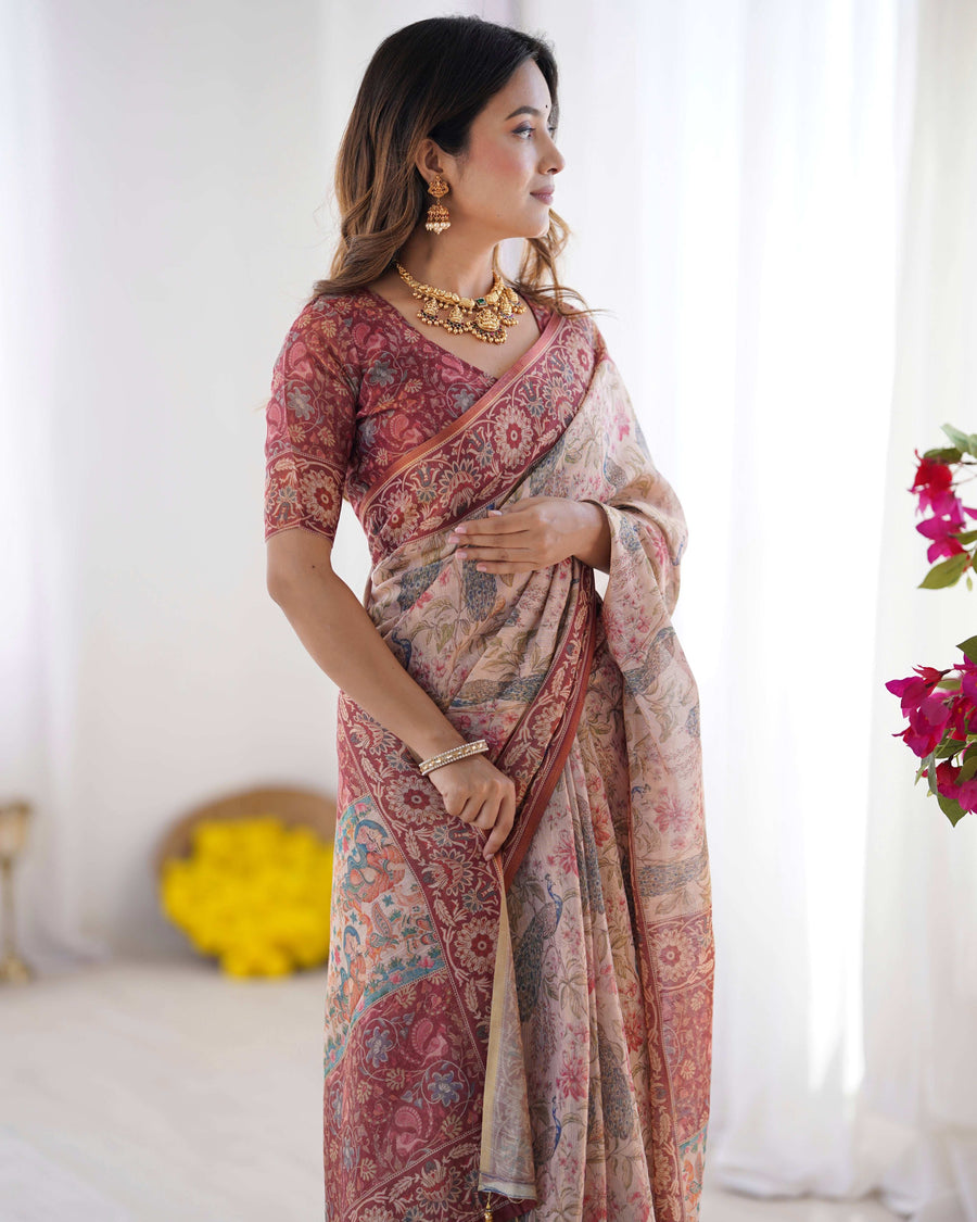 Blush Cream Handloom Linen Cotton Saree with Artistic Bird Motif Pallu