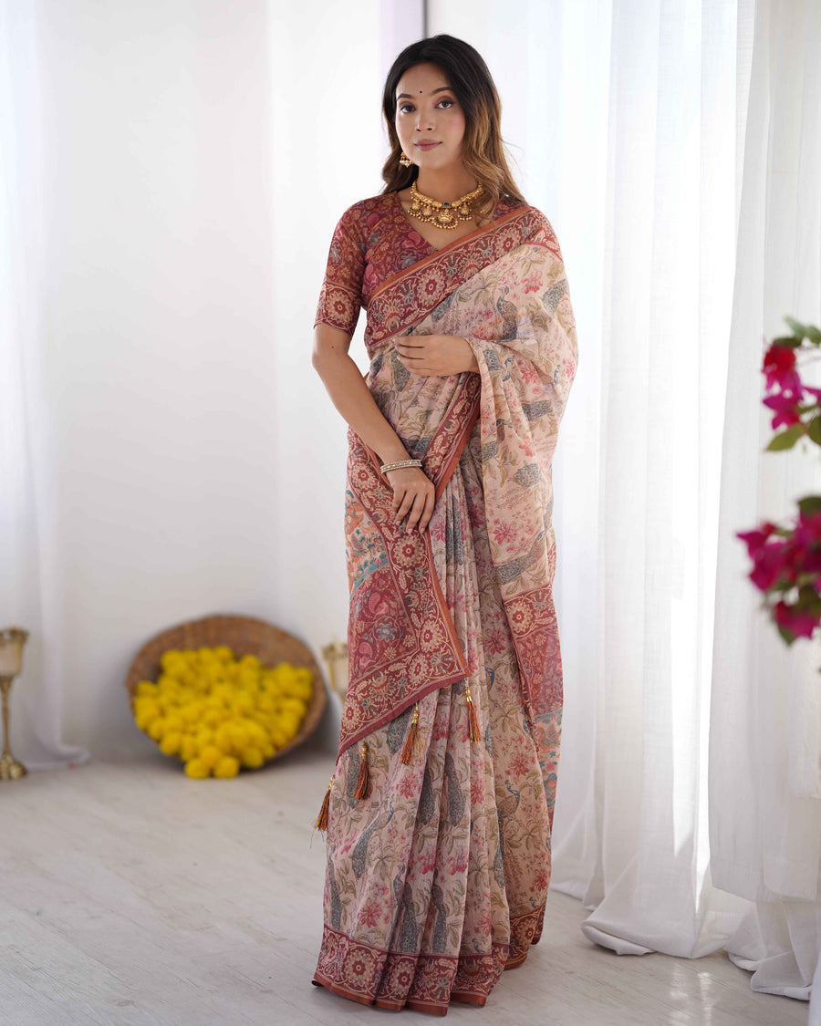 Blush Cream Handloom Linen Cotton Saree with Artistic Bird Motif Pallu