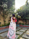 White Pure Cotton Linen Saree with Multicolor Checkered Design, Blouse, and Tassel Detailing