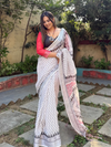 White Pure Cotton Linen Saree with Multicolor Checkered Design, Blouse, and Tassel Detailing