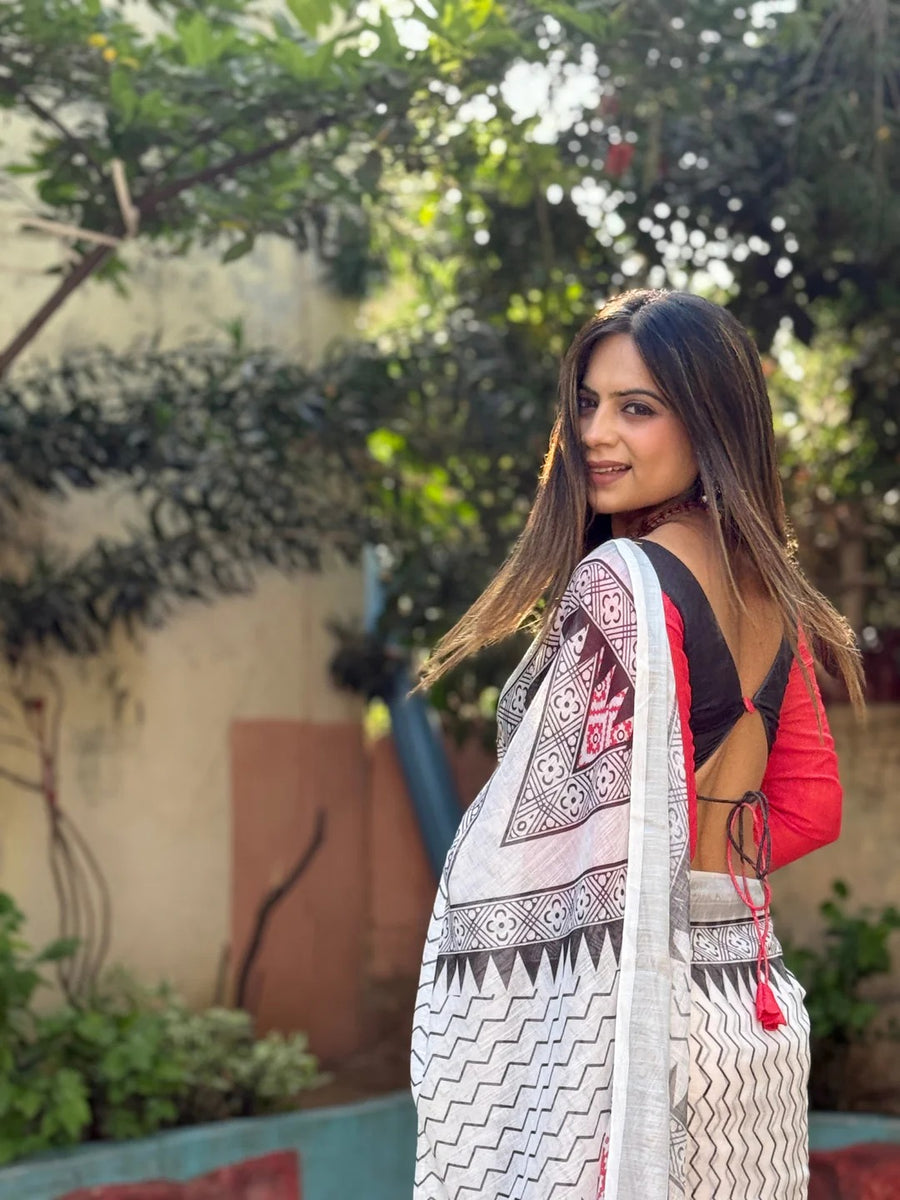 White Pure Cotton Linen Saree with Multicolor Checkered Design, Blouse, and Tassel Detailing