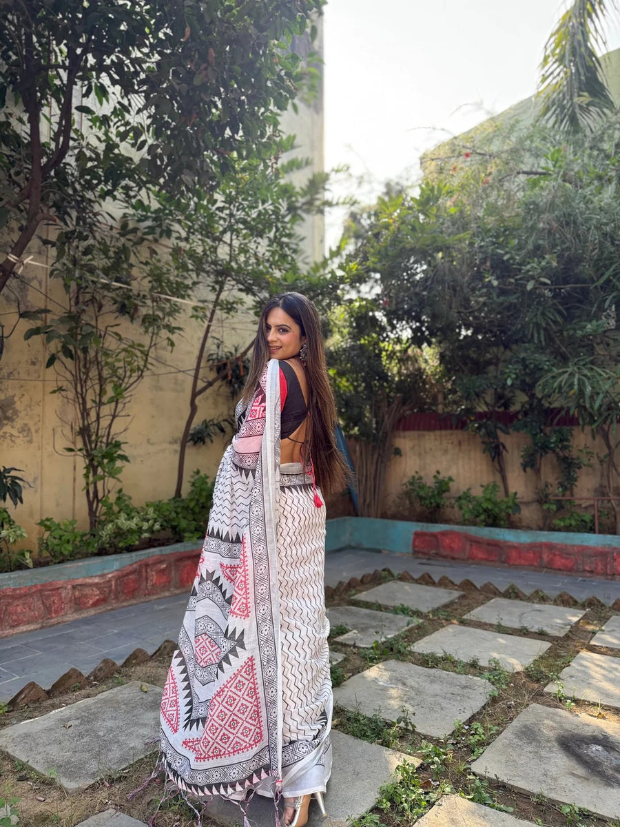 White Pure Cotton Linen Saree with Multicolor Checkered Design, Blouse, and Tassel Detailing