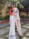 White Pure Cotton Linen Saree with Multicolor Checkered Design, Blouse, and Tassel Detailing