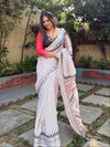White Pure Cotton Linen Saree with Multicolor Checkered Design, Blouse, and Tassel Detailing