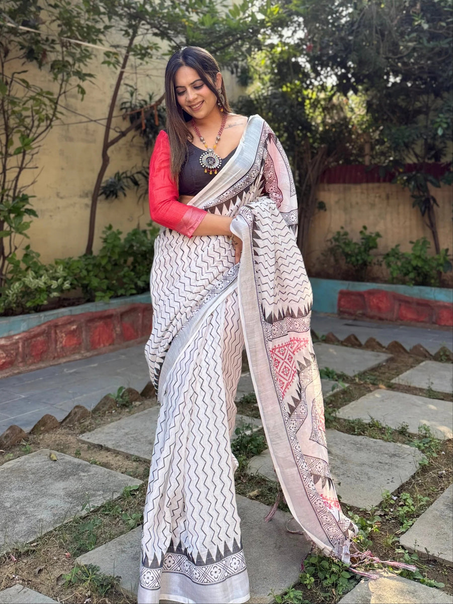 White Pure Cotton Linen Saree with Multicolor Checkered Design, Blouse, and Tassel Detailing