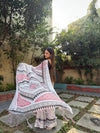 White Pure Cotton Linen Saree with Multicolor Checkered Design, Blouse, and Tassel Detailing