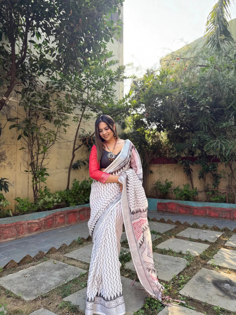 White Pure Cotton Linen Saree with Multicolor Checkered Design, Blouse, and Tassel Detailing