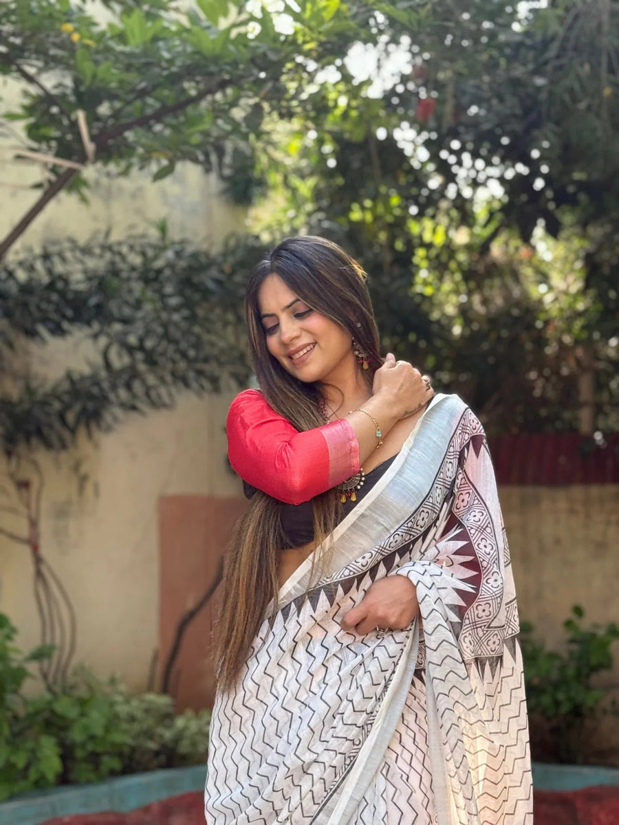 White Pure Cotton Linen Saree with Multicolor Checkered Design, Blouse, and Tassel Detailing