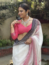 Elegant White Pure Linen Digital Printed Saree with Chevron Design and Intricate Red-Black Geometric Pallu – Tassel Details and Matching Blouse Piece