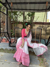 Elegant White Pure Linen Digital Printed Saree with Chevron Design and Intricate Red-Black Geometric Pallu – Tassel Details and Matching Blouse Piece