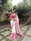 Elegant White Pure Linen Digital Printed Saree with Chevron Design and Intricate Red-Black Geometric Pallu – Tassel Details and Matching Blouse Piece