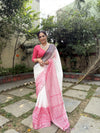 Elegant White Pure Linen Digital Printed Saree with Chevron Design and Intricate Red-Black Geometric Pallu – Tassel Details and Matching Blouse Piece