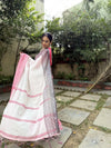 Elegant White Pure Linen Digital Printed Saree with Chevron Design and Intricate Red-Black Geometric Pallu – Tassel Details and Matching Blouse Piece