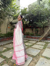 Elegant White Pure Linen Digital Printed Saree with Chevron Design and Intricate Red-Black Geometric Pallu – Tassel Details and Matching Blouse Piece