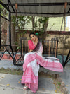Elegant White Pure Linen Digital Printed Saree with Chevron Design and Intricate Red-Black Geometric Pallu – Tassel Details and Matching Blouse Piece
