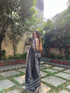 Black and White Pure Cotton Linen Saree with Intricate Floral Design and Tassels on Edges