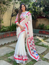 Elegant White and Pink Pure Linen Digital Printed Saree with Black Border, Tassels, and Blouse Piece – Intricate Floral and Geometric Design