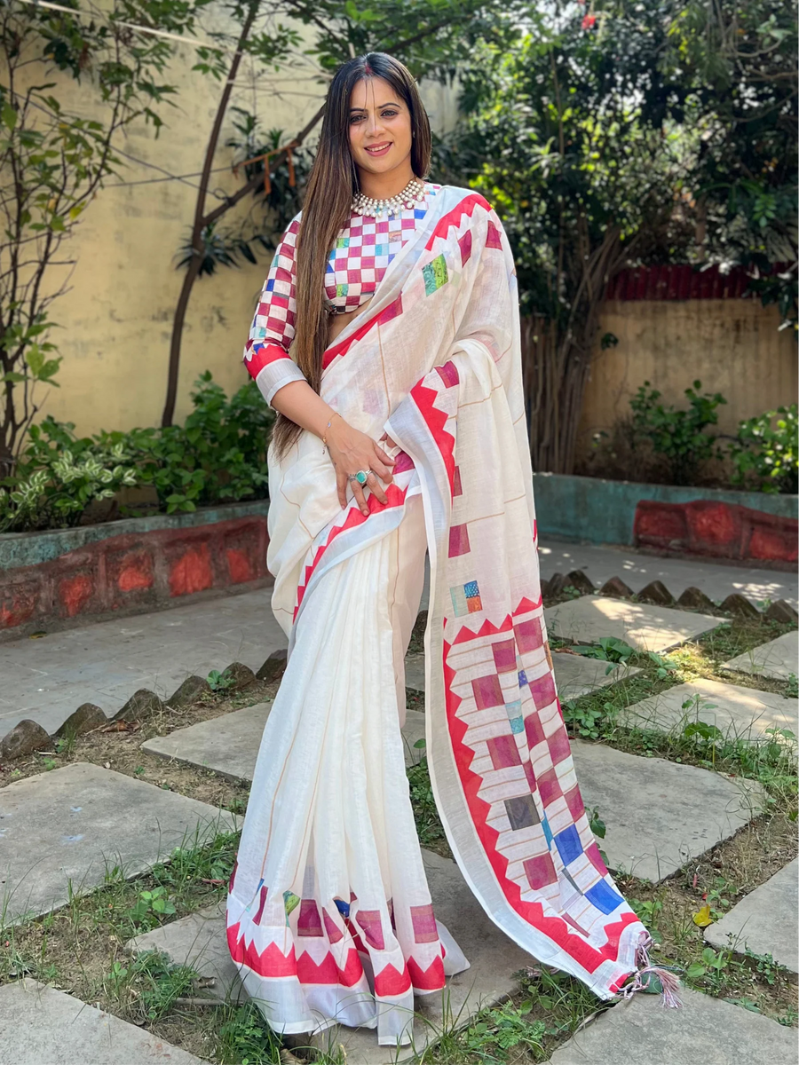 Elegant White and Pink Pure Linen Digital Printed Saree with Black Border, Tassels, and Blouse Piece – Intricate Floral and Geometric Design