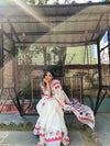 Elegant White and Pink Pure Linen Digital Printed Saree with Black Border, Tassels, and Blouse Piece – Intricate Floral and Geometric Design