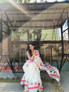 Elegant White and Pink Pure Linen Digital Printed Saree with Black Border, Tassels, and Blouse Piece – Intricate Floral and Geometric Design