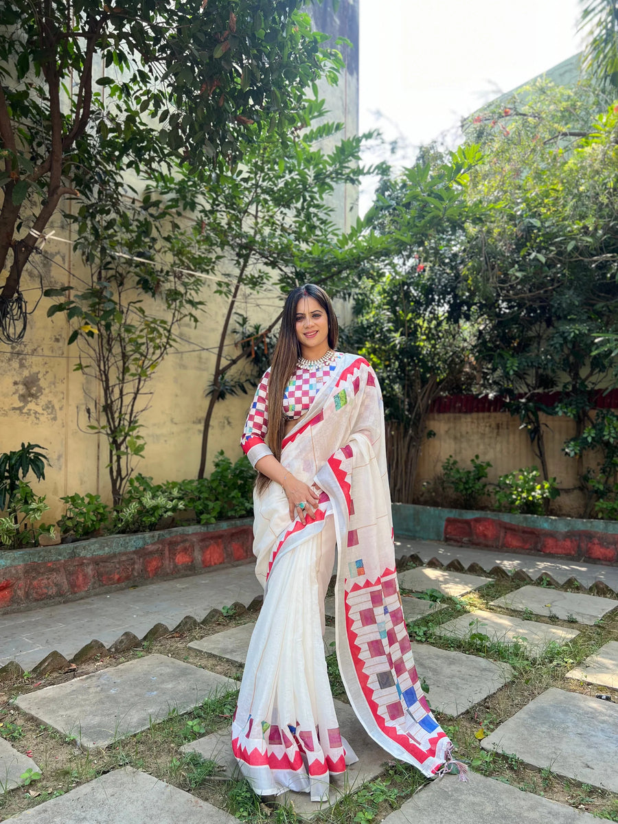 Elegant White and Pink Pure Linen Digital Printed Saree with Black Border, Tassels, and Blouse Piece – Intricate Floral and Geometric Design