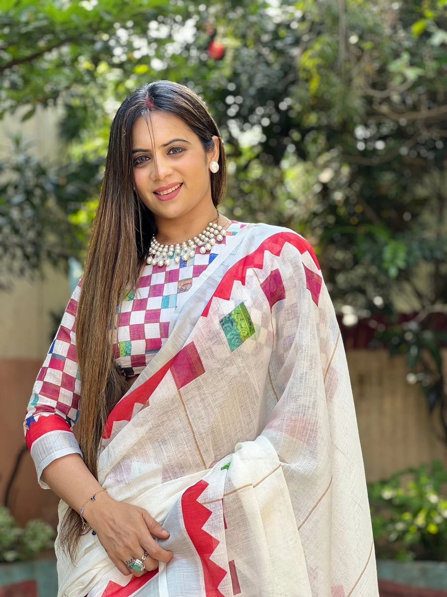 Elegant White and Pink Pure Linen Digital Printed Saree with Black Border, Tassels, and Blouse Piece – Intricate Floral and Geometric Design