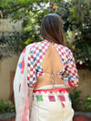 Elegant White and Pink Pure Linen Digital Printed Saree with Black Border, Tassels, and Blouse Piece – Intricate Floral and Geometric Design