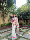 Elegant White and Pink Pure Linen Digital Printed Saree with Black Border, Tassels, and Blouse Piece – Intricate Floral and Geometric Design