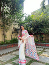 Elegant White and Pink Pure Linen Digital Printed Saree with Black Border, Tassels, and Blouse Piece – Intricate Floral and Geometric Design