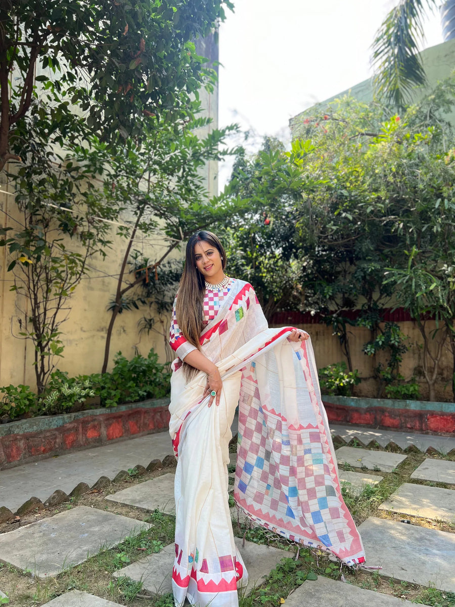 Elegant White and Pink Pure Linen Digital Printed Saree with Black Border, Tassels, and Blouse Piece – Intricate Floral and Geometric Design