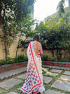 Elegant White and Pink Pure Linen Digital Printed Saree with Black Border, Tassels, and Blouse Piece – Intricate Floral and Geometric Design