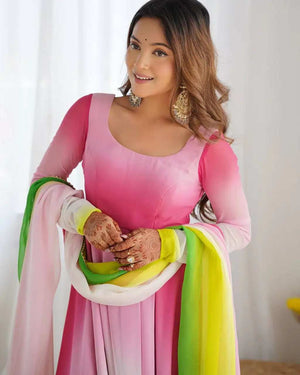 Multi Pink Georgette Anarkali Detail Close-up - Shree Roop