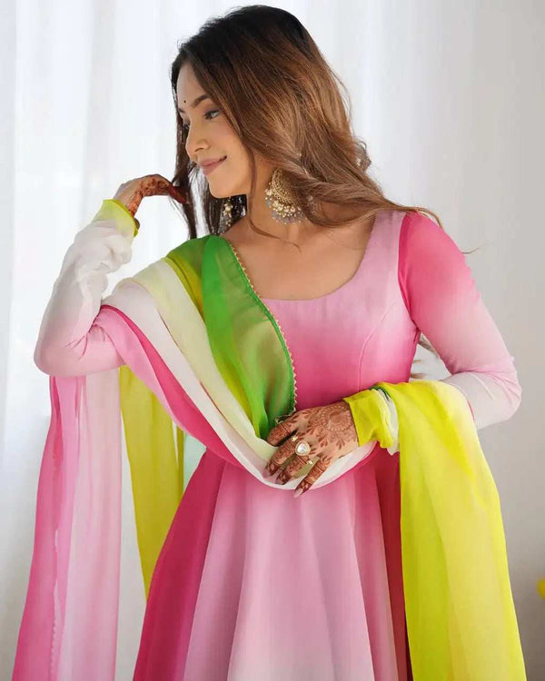 Multi Pink Georgette Anarkali Back View - Shree Roop