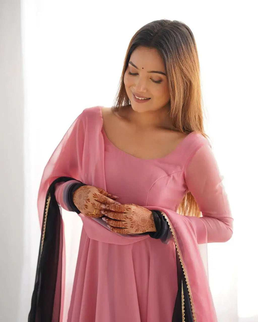 Onion Pink Georgette Anarkali Back View with Flared Silhouette - Shree Roop