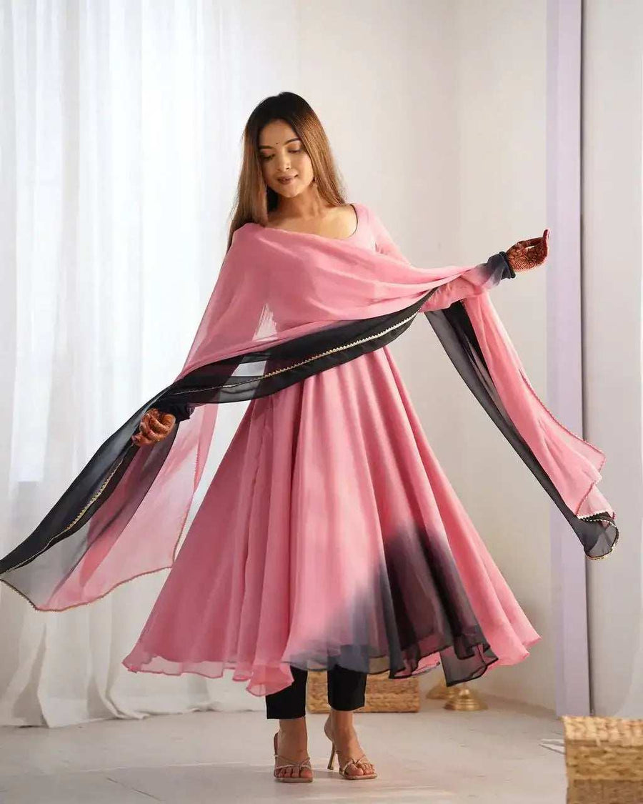 Onion Pink Georgette Anarkali Front View with Embroidery - Shree Roop