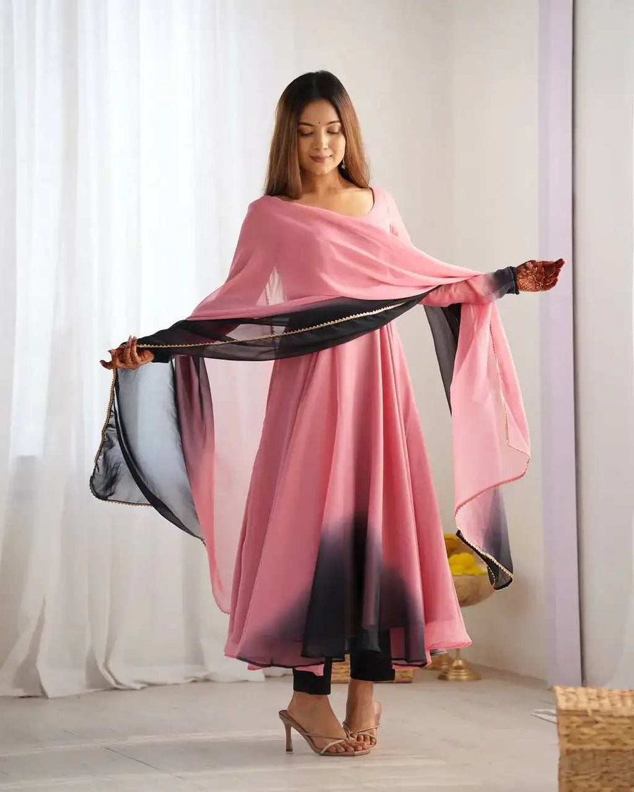 Onion Pink Georgette Anarkali Full Length View with Churidar - Shree Roop