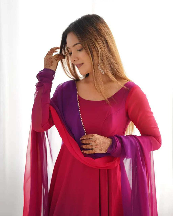 Dark Pink Georgette Three Piece Anarkali Suit Back View - Shree Roop