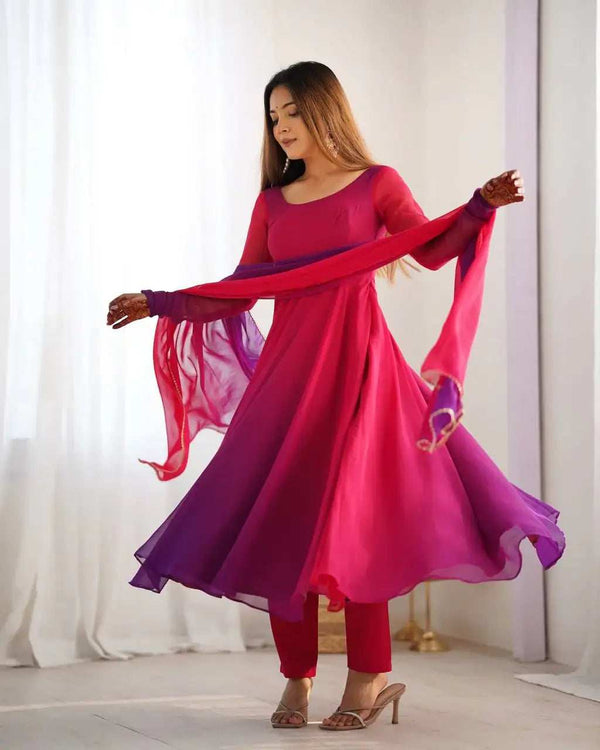 Dark Pink Georgette Three Piece Anarkali Suit Front View - Shree Roop