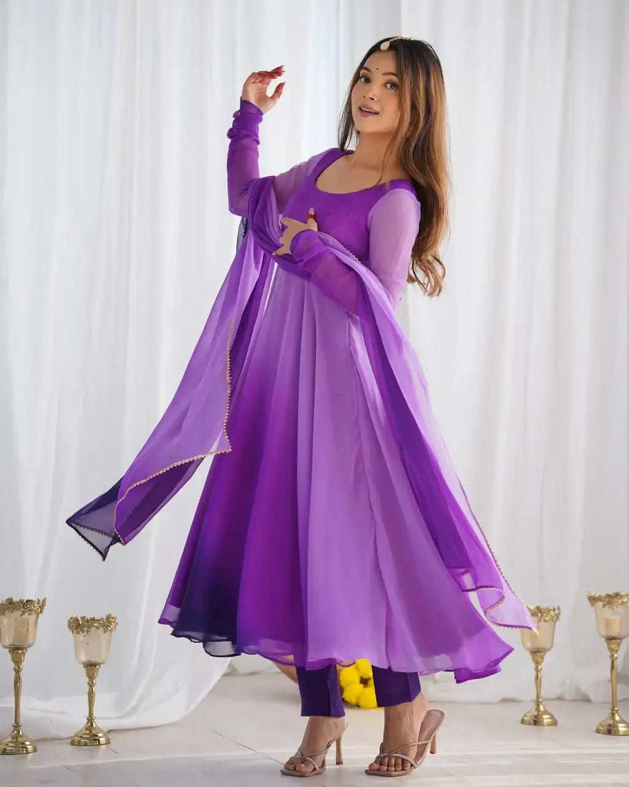 Multi Purple Georgette Anarkali Detail Close-up - Shree Roop