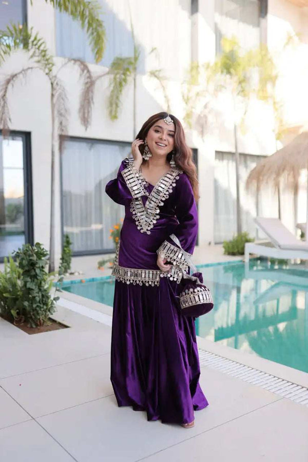 Wine Purple Ice Velvet Palazzo Set Back View with Bell Sleeves - Shree Roop