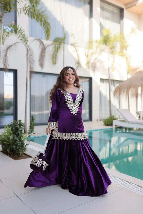 Wine Purple Ice Velvet Palazzo Set with V Neck and Bell Sleeves - Shree Roop
